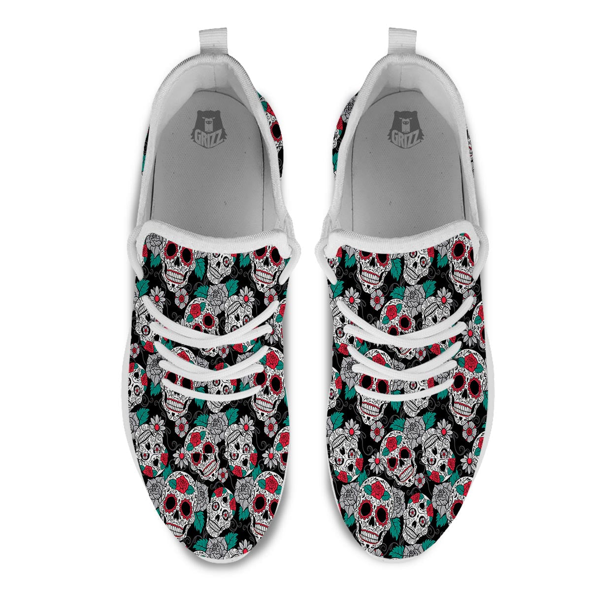 Sugar Skull Rose Floral Print Pattern White Athletic Shoes-grizzshop