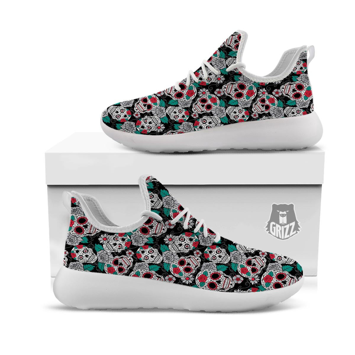 Sugar Skull Rose Floral Print Pattern White Athletic Shoes-grizzshop