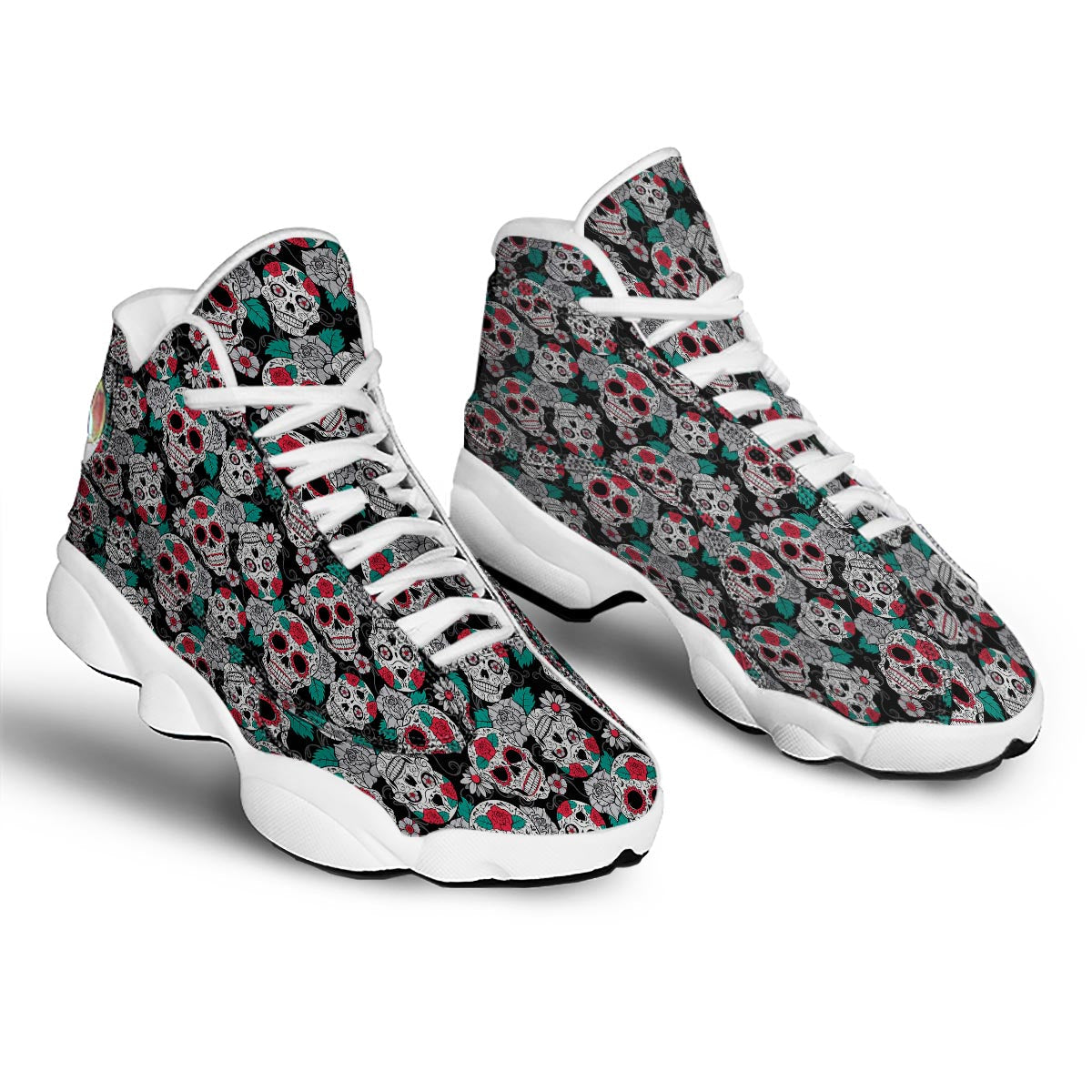 Sugar Skull Rose Floral Print Pattern White Basketball Shoes-grizzshop