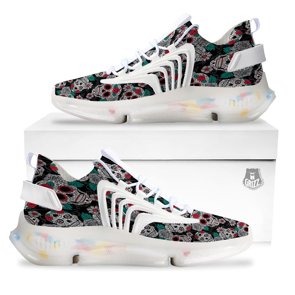 Sugar Skull Rose Floral Print Pattern White Gym Shoes-grizzshop