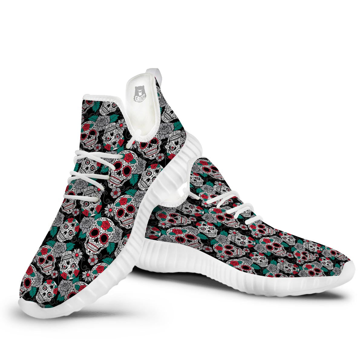 Sugar Skull Rose Floral Print Pattern White Walking Shoes-grizzshop