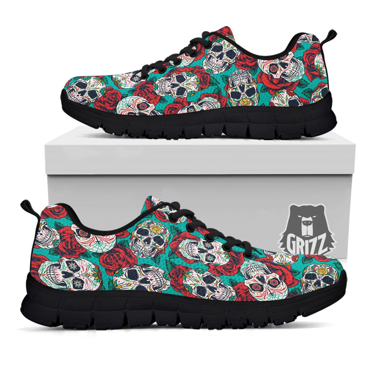 Sugar Skull Rose Flower Print Pattern Black Sneaker-grizzshop