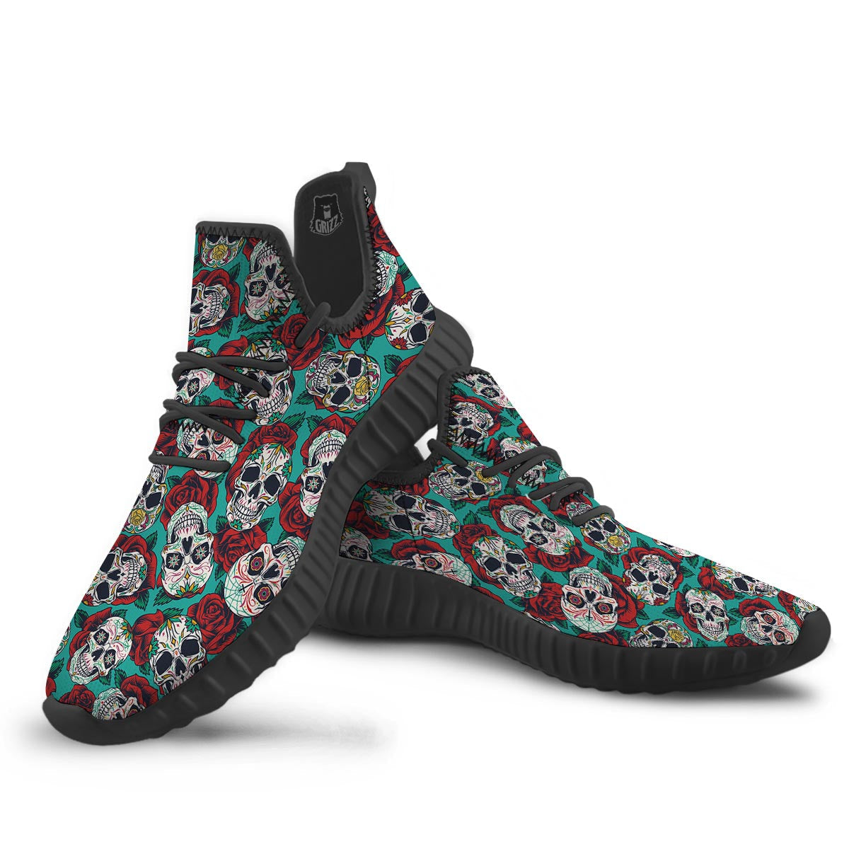 Sugar Skull Rose Flower Print Pattern Black Walking Shoes-grizzshop