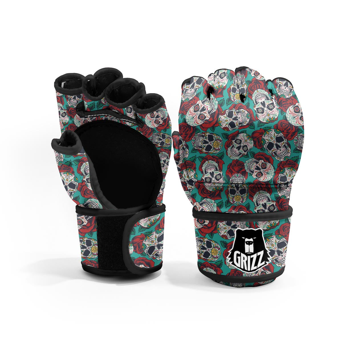 Sugar Skull Rose Flower Print Pattern MMA Gloves-grizzshop