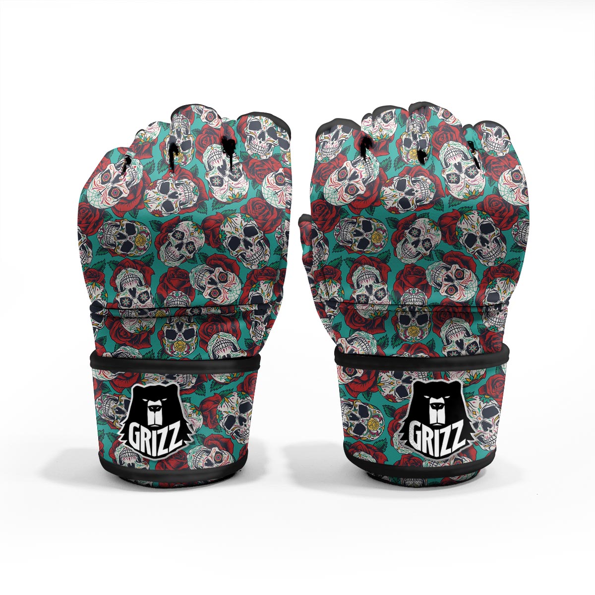 Sugar Skull Rose Flower Print Pattern MMA Gloves-grizzshop