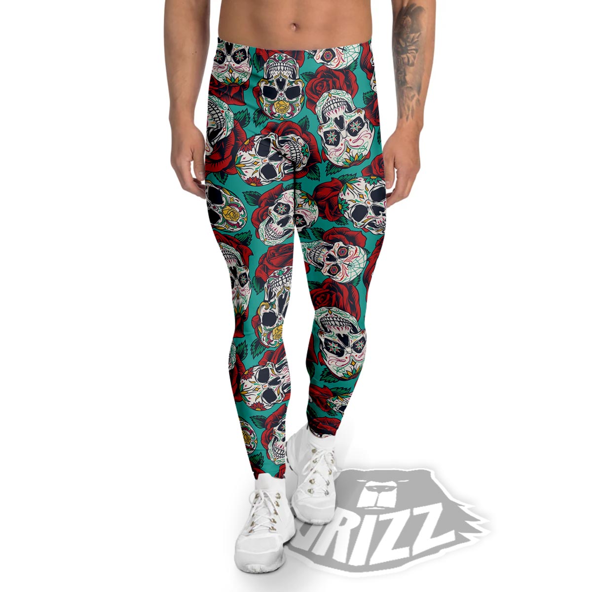 Sugar Skull Rose Flower Print Pattern Men's Leggings-grizzshop