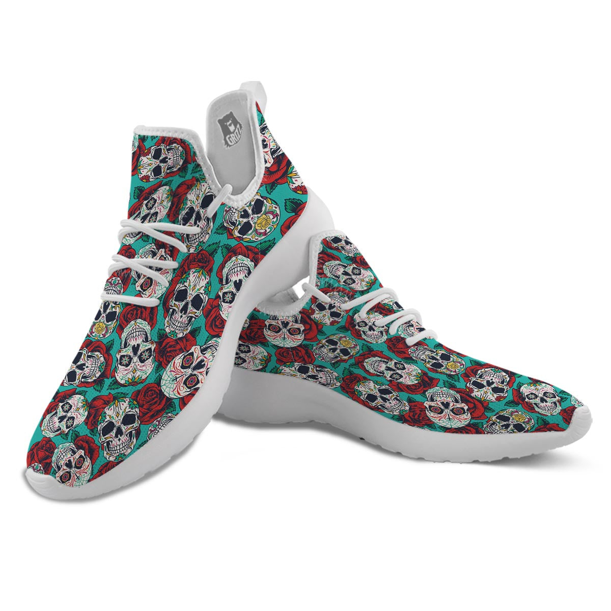 Sugar Skull Rose Flower Print Pattern White Athletic Shoes-grizzshop