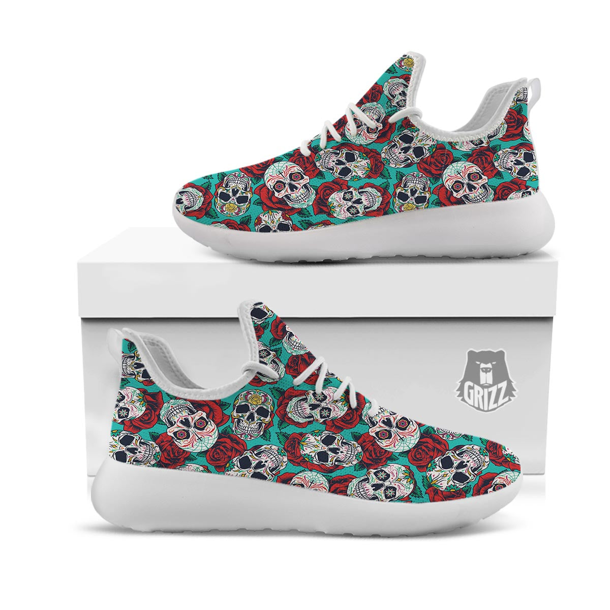 Sugar Skull Rose Flower Print Pattern White Athletic Shoes-grizzshop