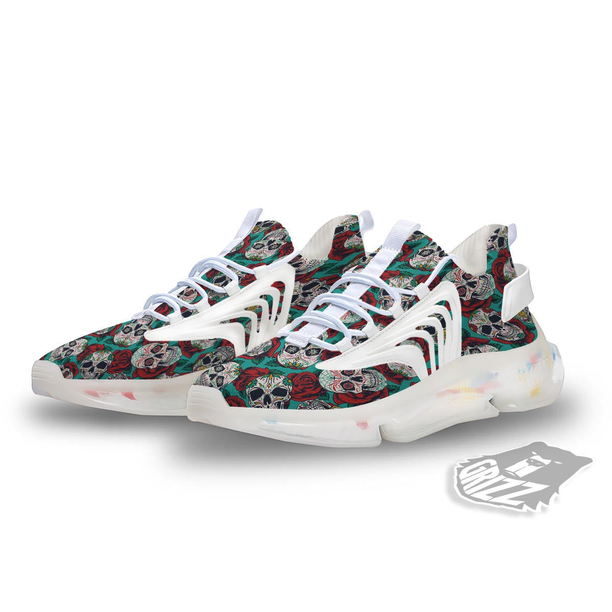 Sugar Skull Rose Flower Print Pattern White Gym Shoes-grizzshop