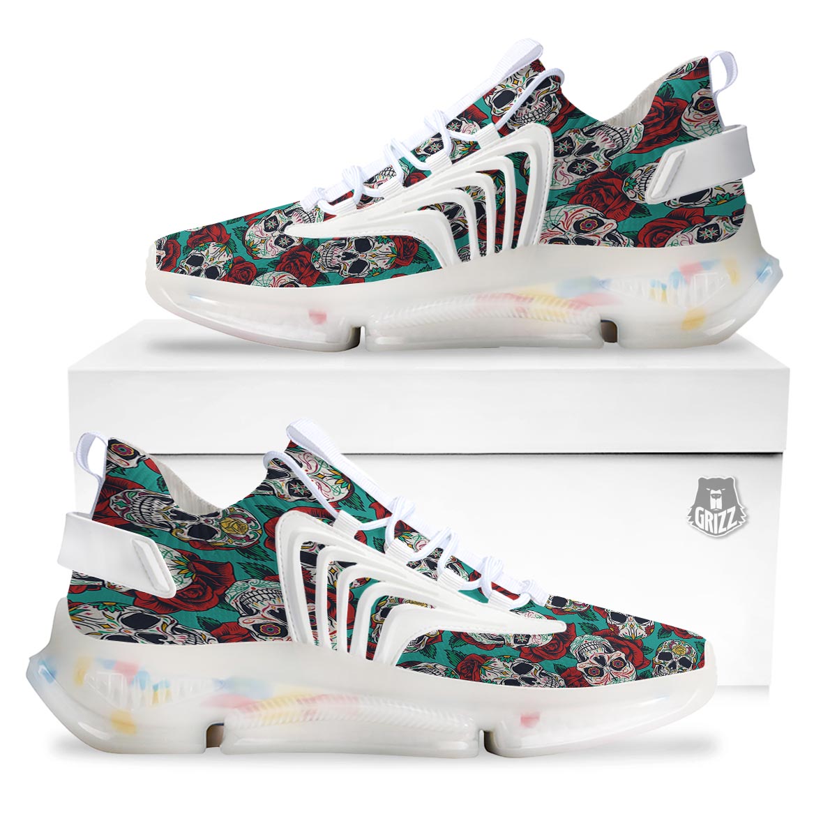 Sugar Skull Rose Flower Print Pattern White Gym Shoes-grizzshop
