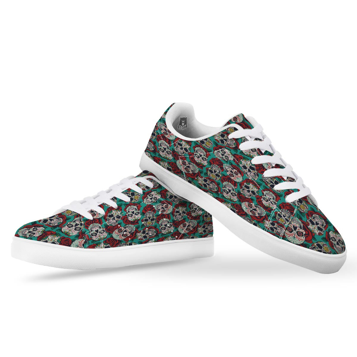 Sugar Skull Rose Flower Print Pattern White Low Top Sneakers-grizzshop