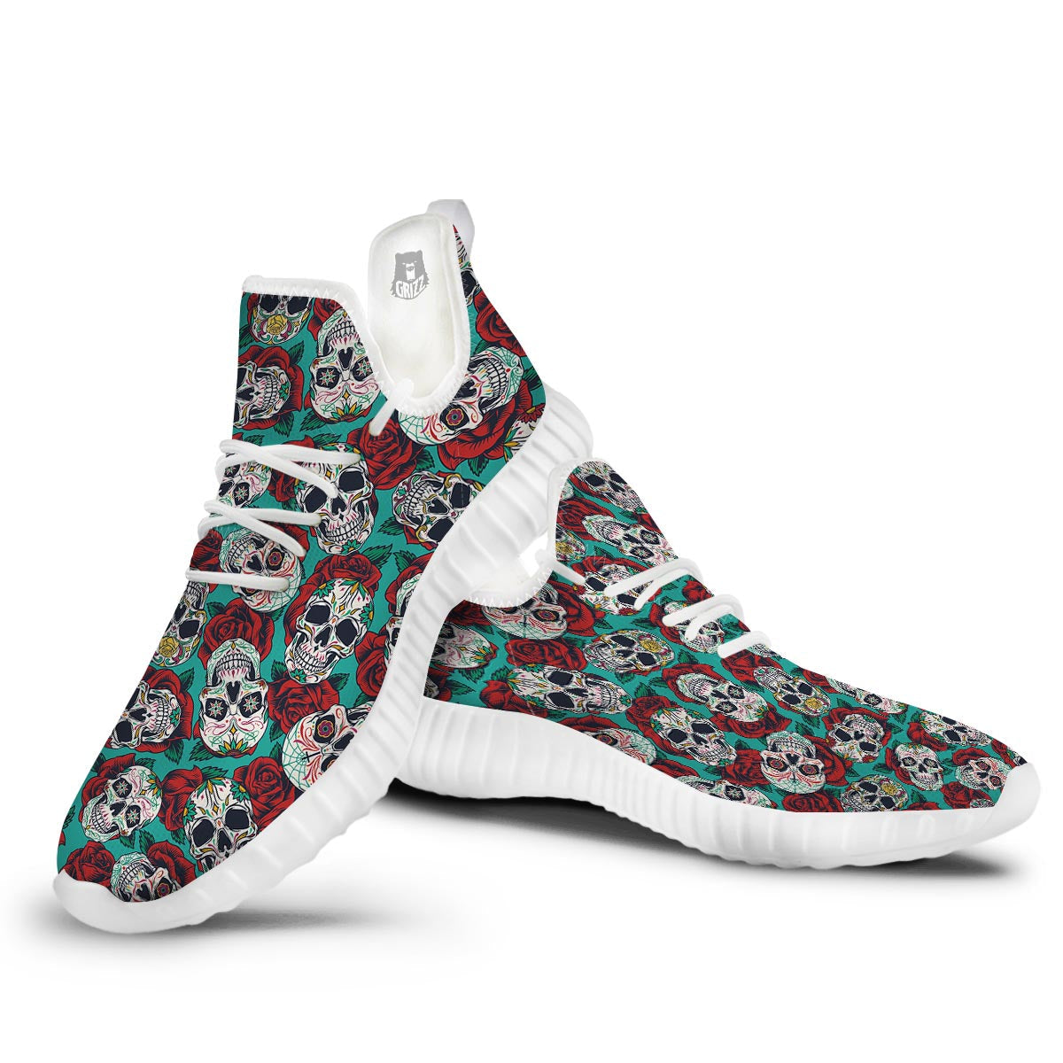 Sugar Skull Rose Flower Print Pattern White Walking Shoes-grizzshop