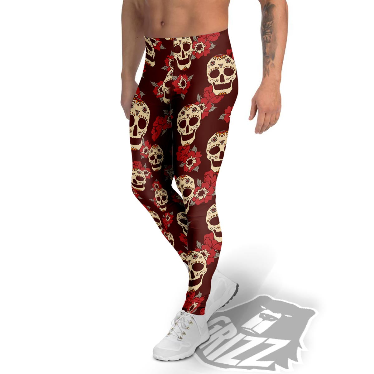 Sugar Skull Rose Print Pattern Men's Leggings-grizzshop