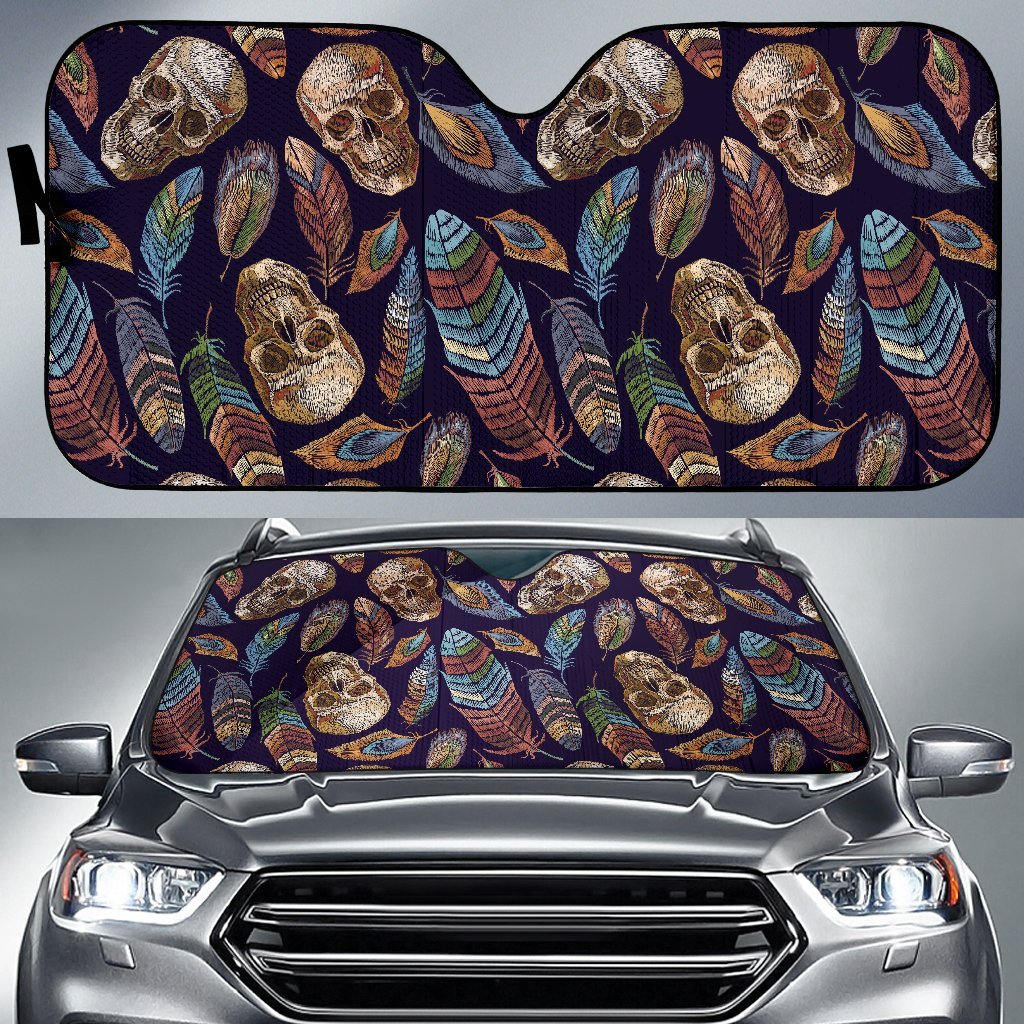 Sugar Skull Skeleton Girly Feather Boho Pattern Print Car Sun Shade-grizzshop