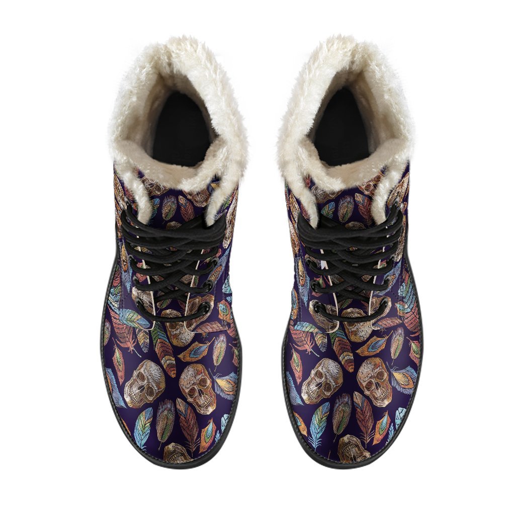 Sugar Skull Skeleton Girly Feather Boho Pattern Print Comfy Winter Boots-grizzshop