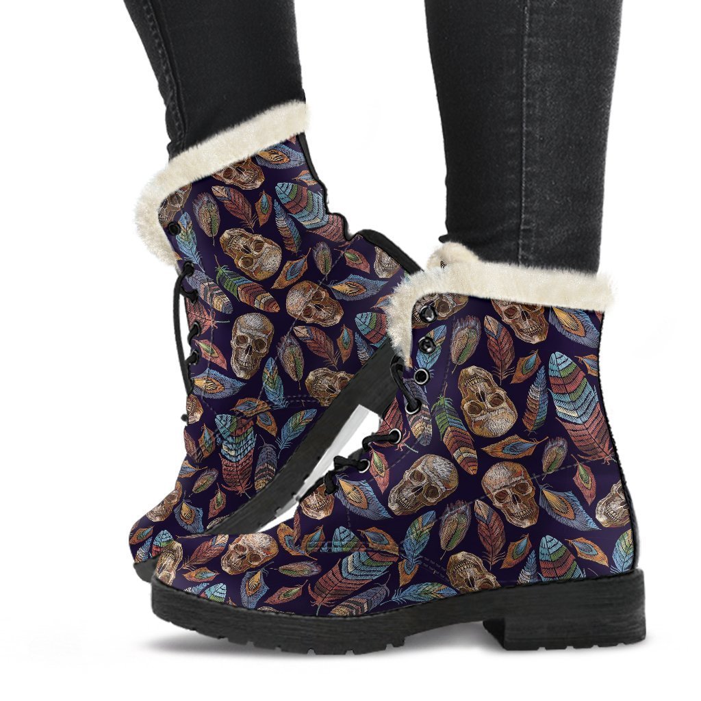 Sugar Skull Skeleton Girly Feather Boho Pattern Print Comfy Winter Boots-grizzshop