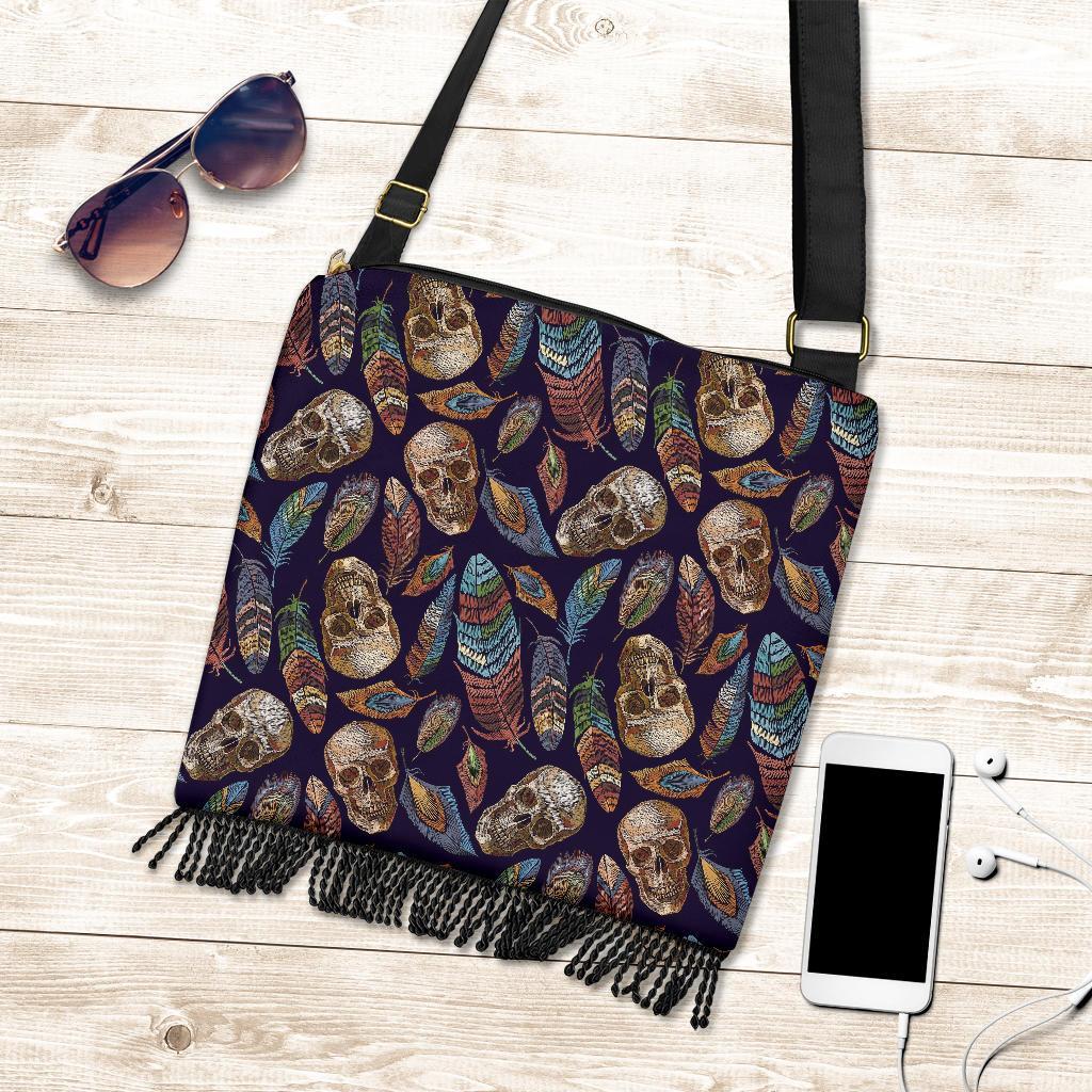 Sugar Skull Skeleton Girly Feather Boho Pattern Print Crossbody Bags-grizzshop