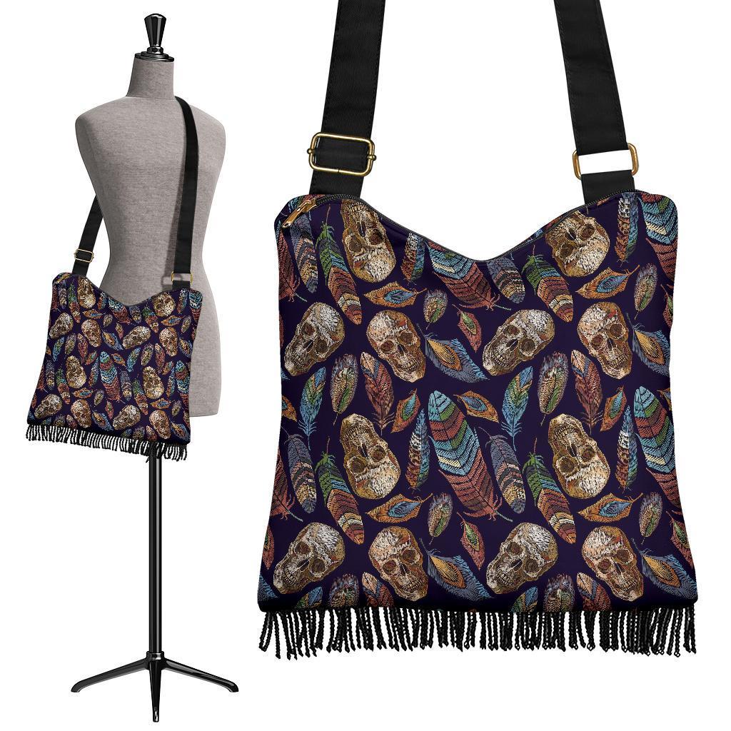 Sugar Skull Skeleton Girly Feather Boho Pattern Print Crossbody Bags-grizzshop