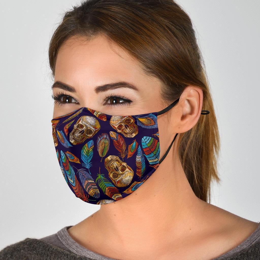 Sugar Skull Skeleton Girly Feather Boho Pattern Print Face Mask-grizzshop