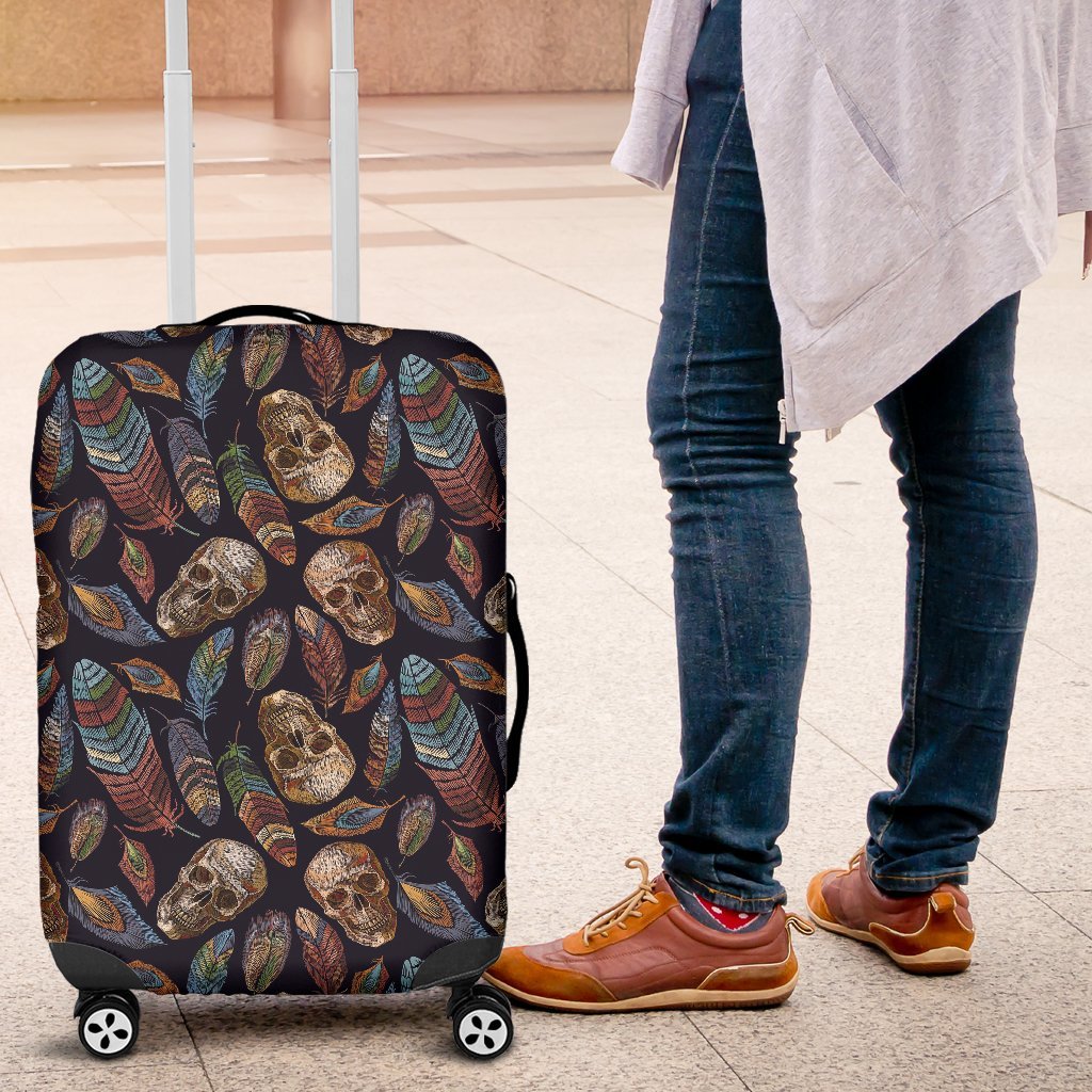 Sugar Skull Skeleton Girly Feather Boho Pattern Print Luggage Cover Protector-grizzshop