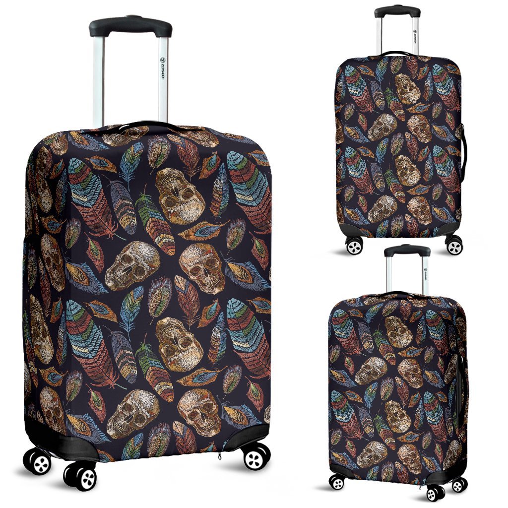 Sugar Skull Skeleton Girly Feather Boho Pattern Print Luggage Cover Protector-grizzshop