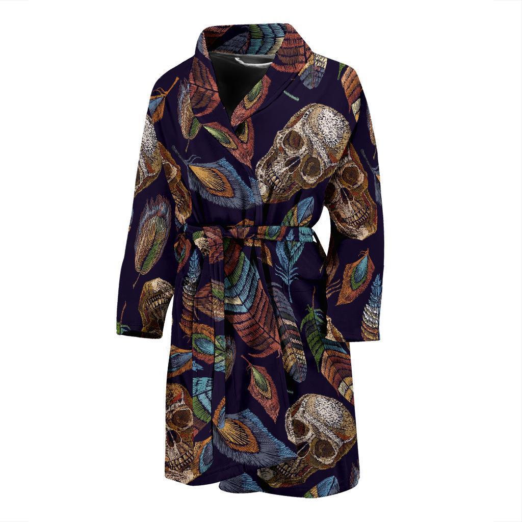 Sugar Skull Skeleton Girly Feather Boho Pattern Print Men Long Robe-grizzshop