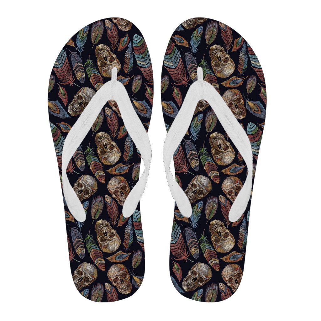 Sugar Skull Skeleton Girly Feather Boho Pattern Print Men & Women Flip Flops-grizzshop
