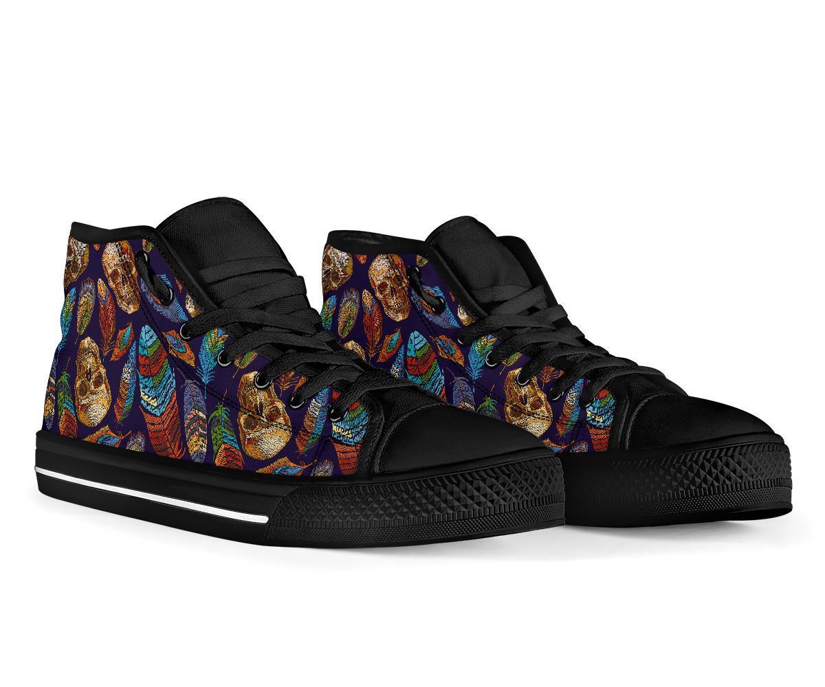 Sugar Skull Skeleton Girly Feather Boho Pattern Print Men Women's High Top Shoes-grizzshop