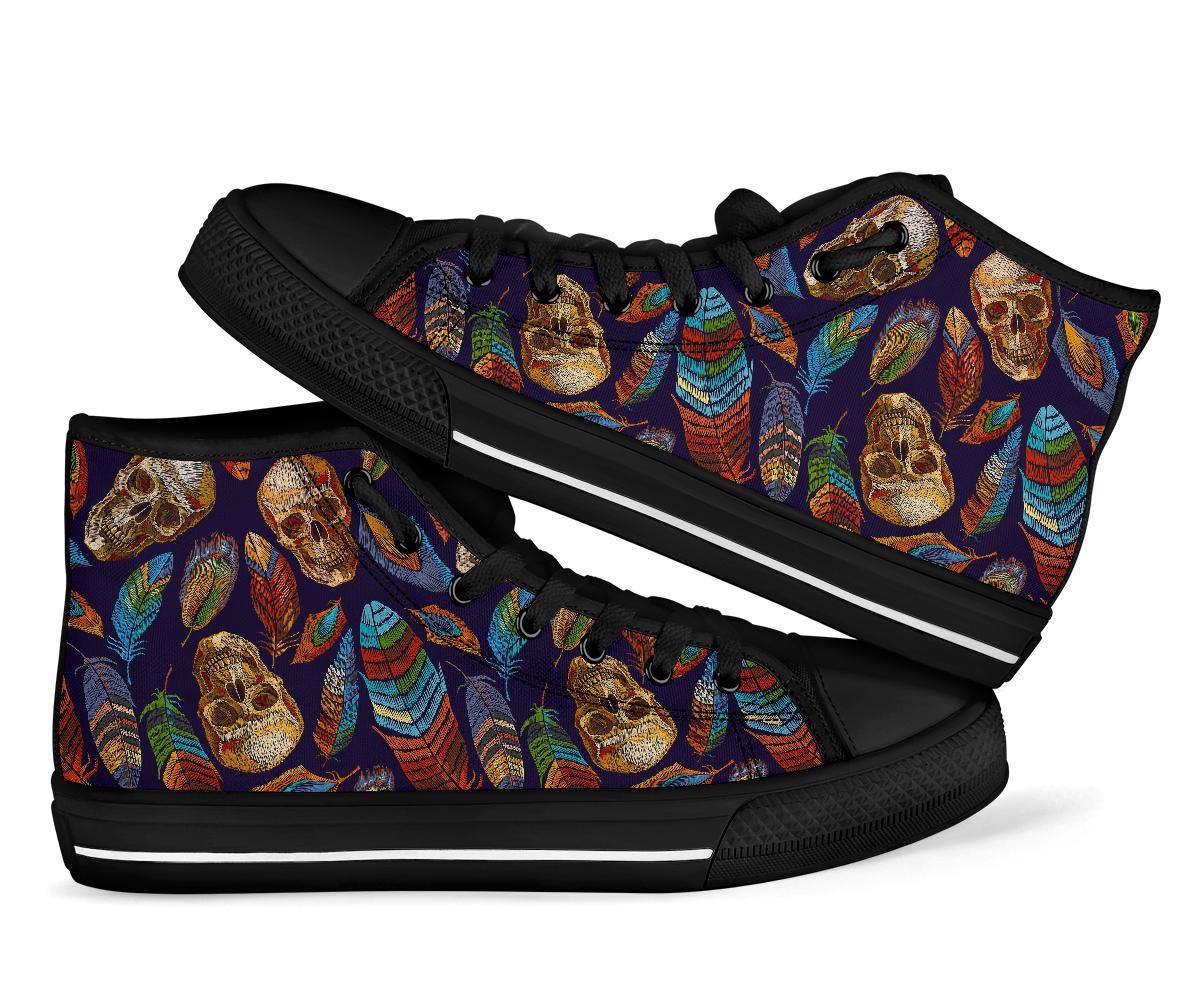 Sugar Skull Skeleton Girly Feather Boho Pattern Print Men Women's High Top Shoes-grizzshop