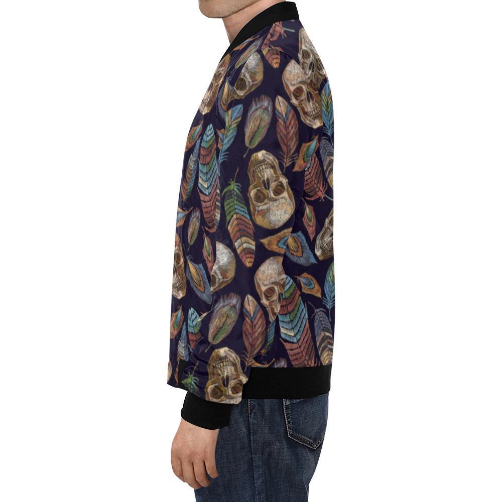 Sugar Skull Skeleton Girly Feather Boho Pattern Print Men's Bomber Jacket-grizzshop