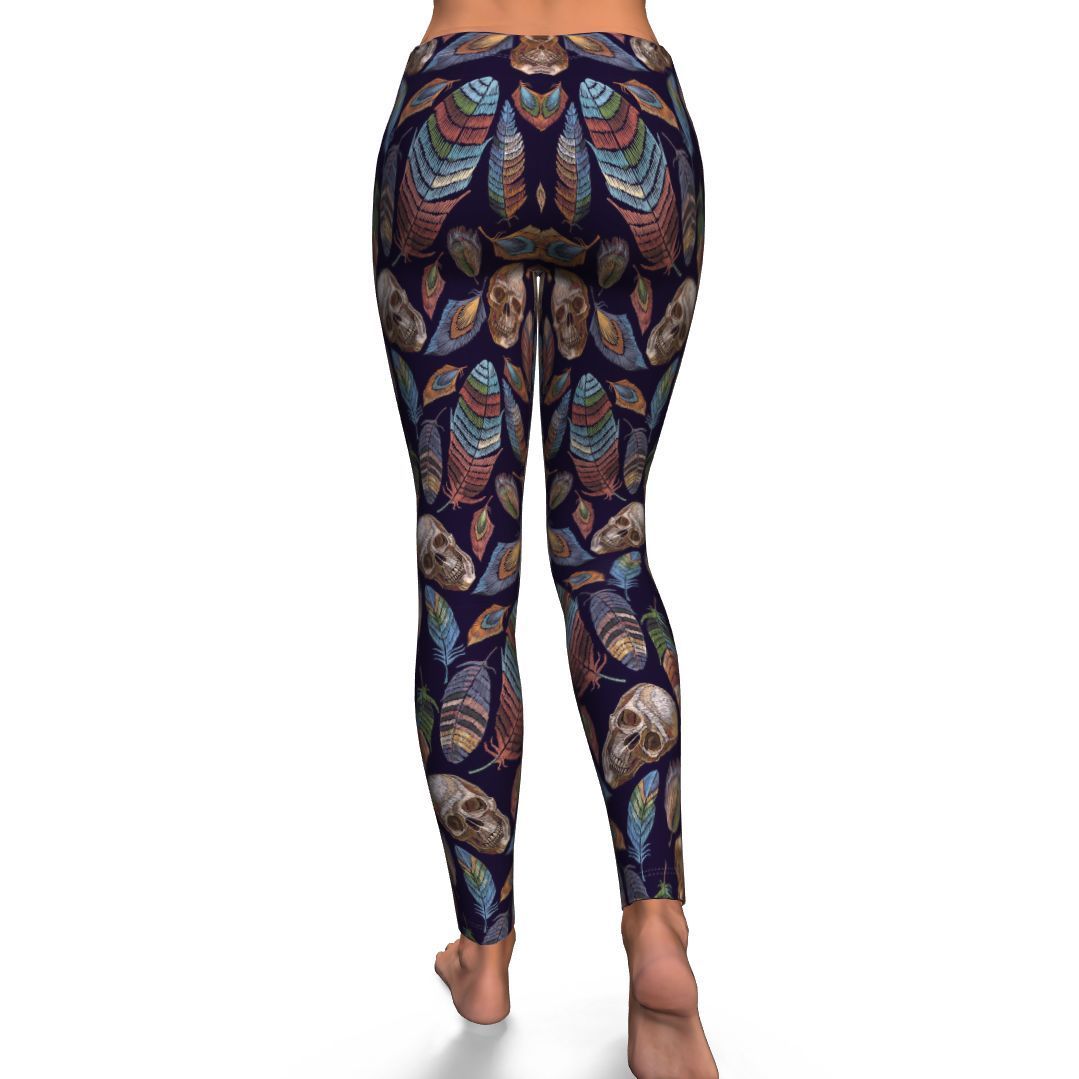 Sugar Skull Skeleton Girly Feather Boho Pattern Print Pattern Women Leggings-grizzshop