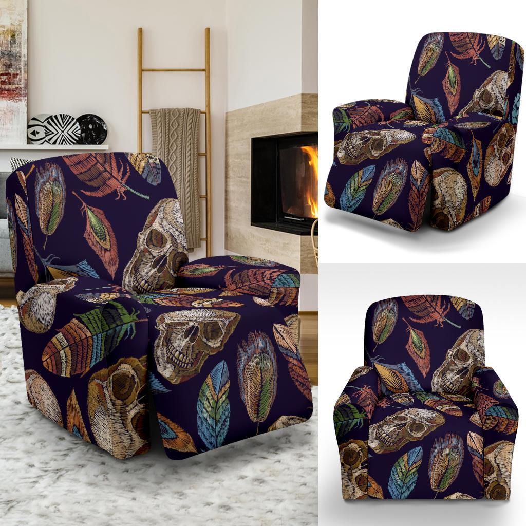 Sugar Skull Skeleton Girly Feather Boho Pattern Print Recliner Cover-grizzshop