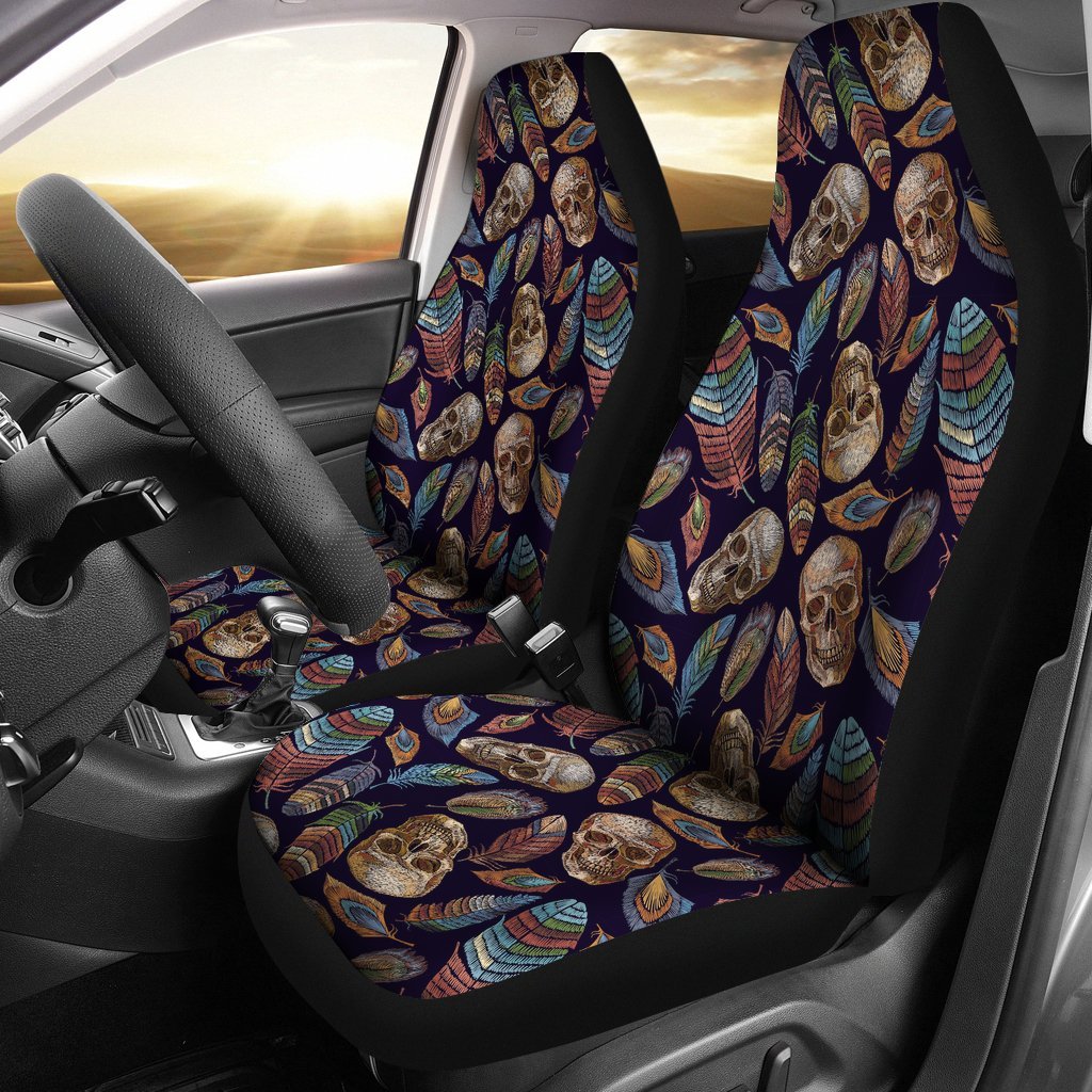Sugar Skull Skeleton Girly Feather Boho Pattern Print Universal Fit Car Seat Cover-grizzshop