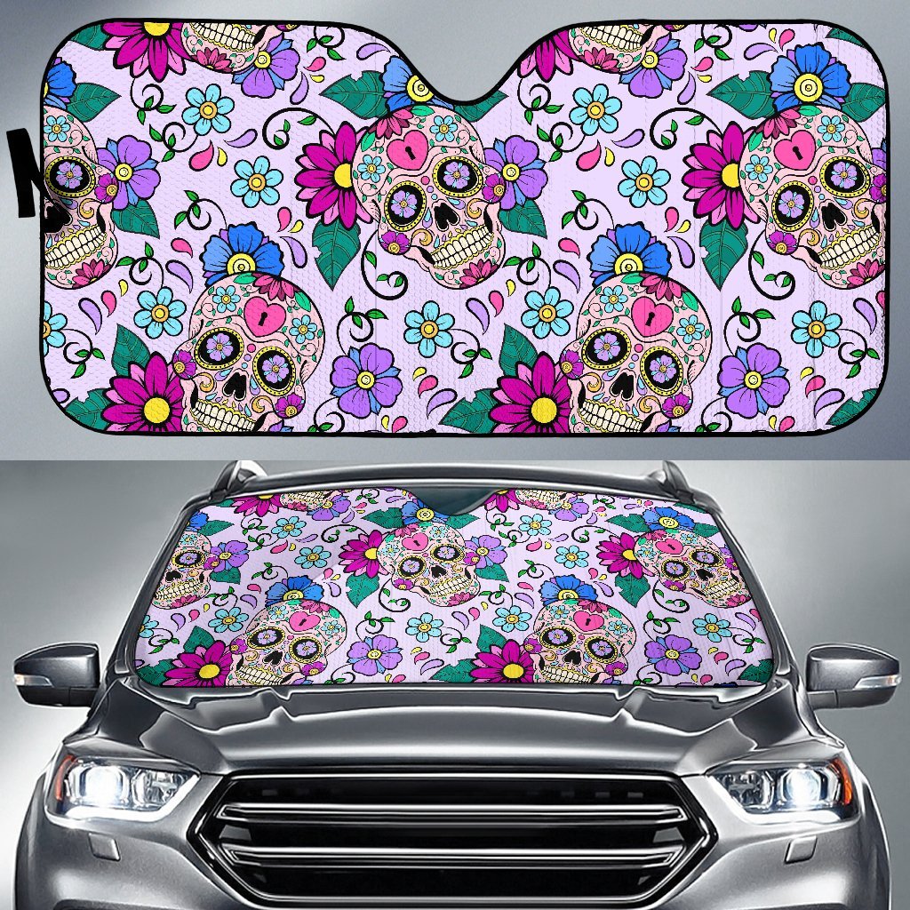 Sugar Skull Skeleton Girly Floral Pattern Print Car Sun Shade-grizzshop