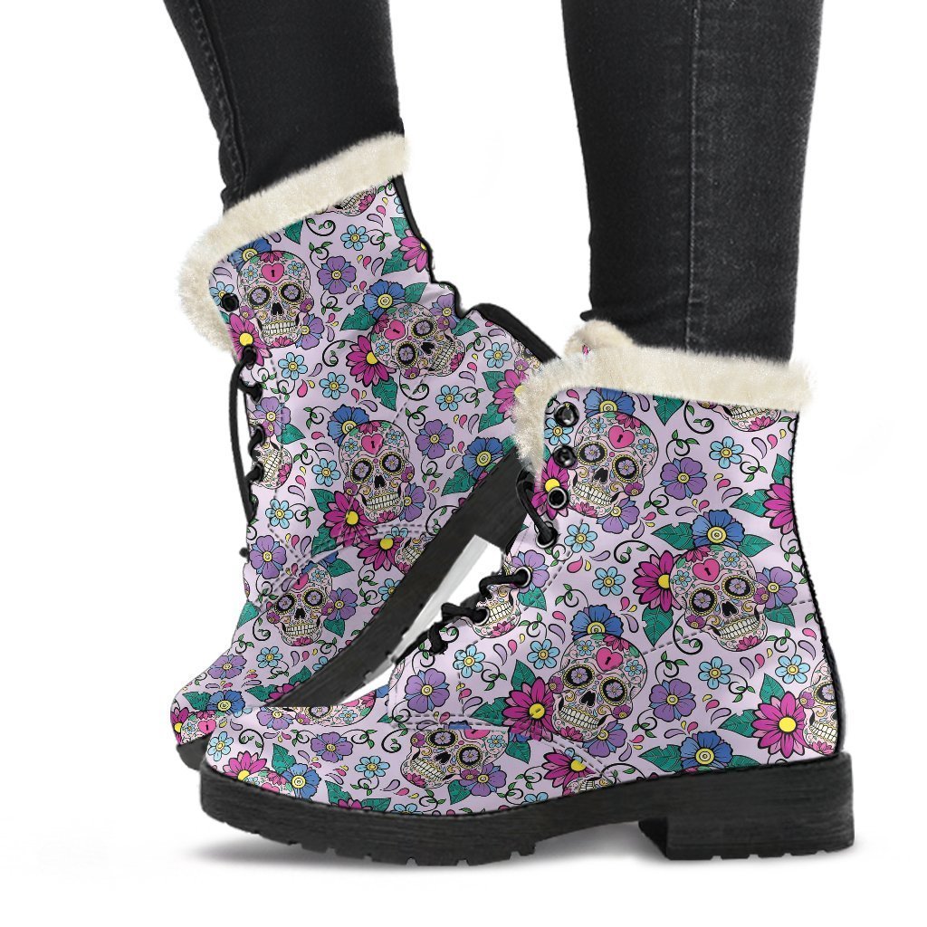 Sugar Skull Skeleton Girly Floral Pattern Print Comfy Winter Boots-grizzshop