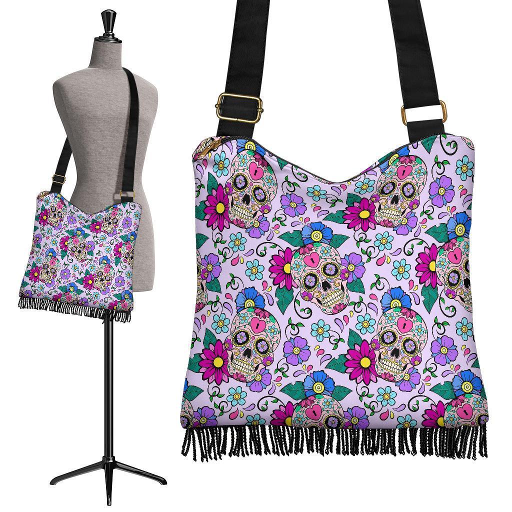 Sugar Skull Skeleton Girly Floral Pattern Print Crossbody Bags-grizzshop