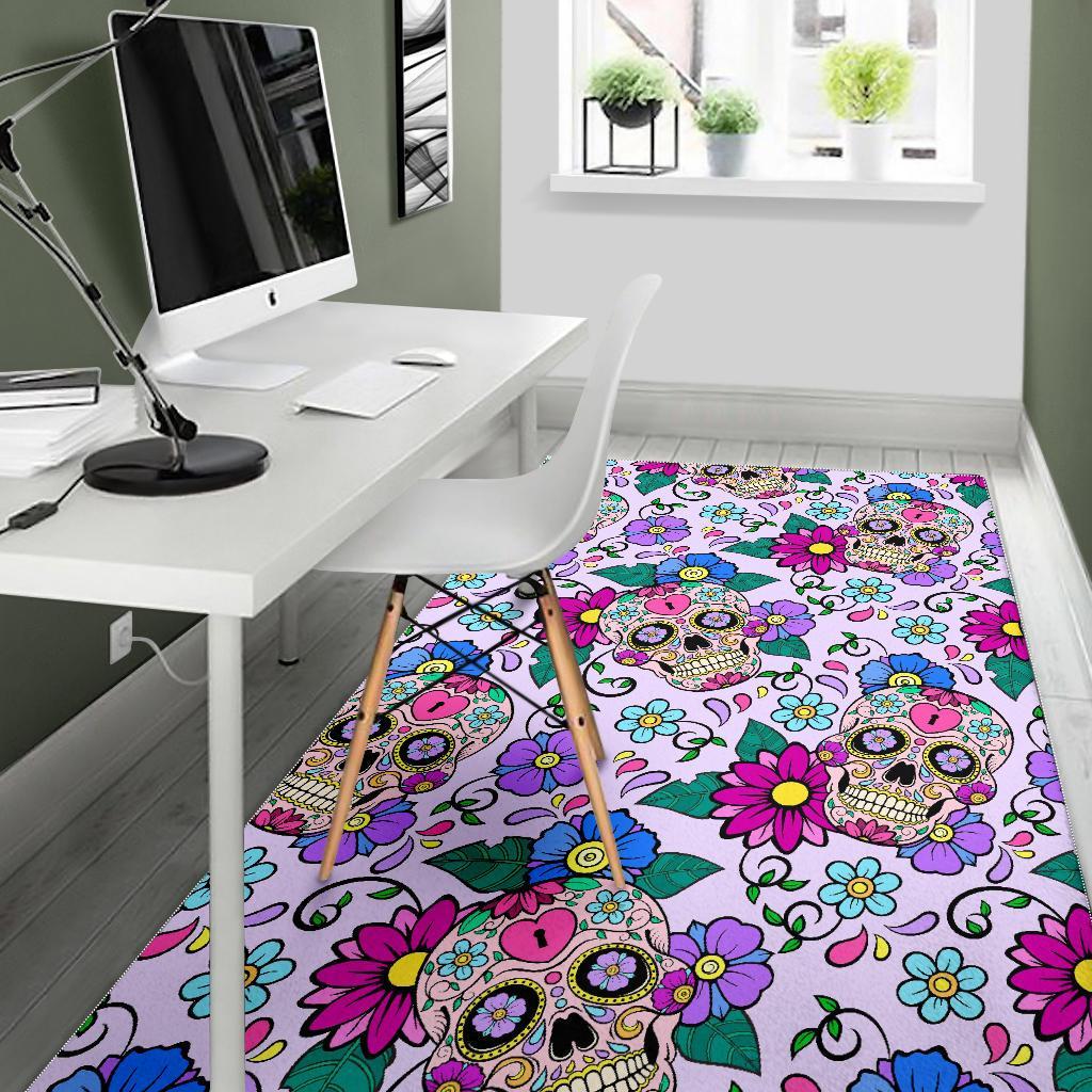 Sugar Skull Skeleton Girly Floral Pattern Print Floor Mat-grizzshop