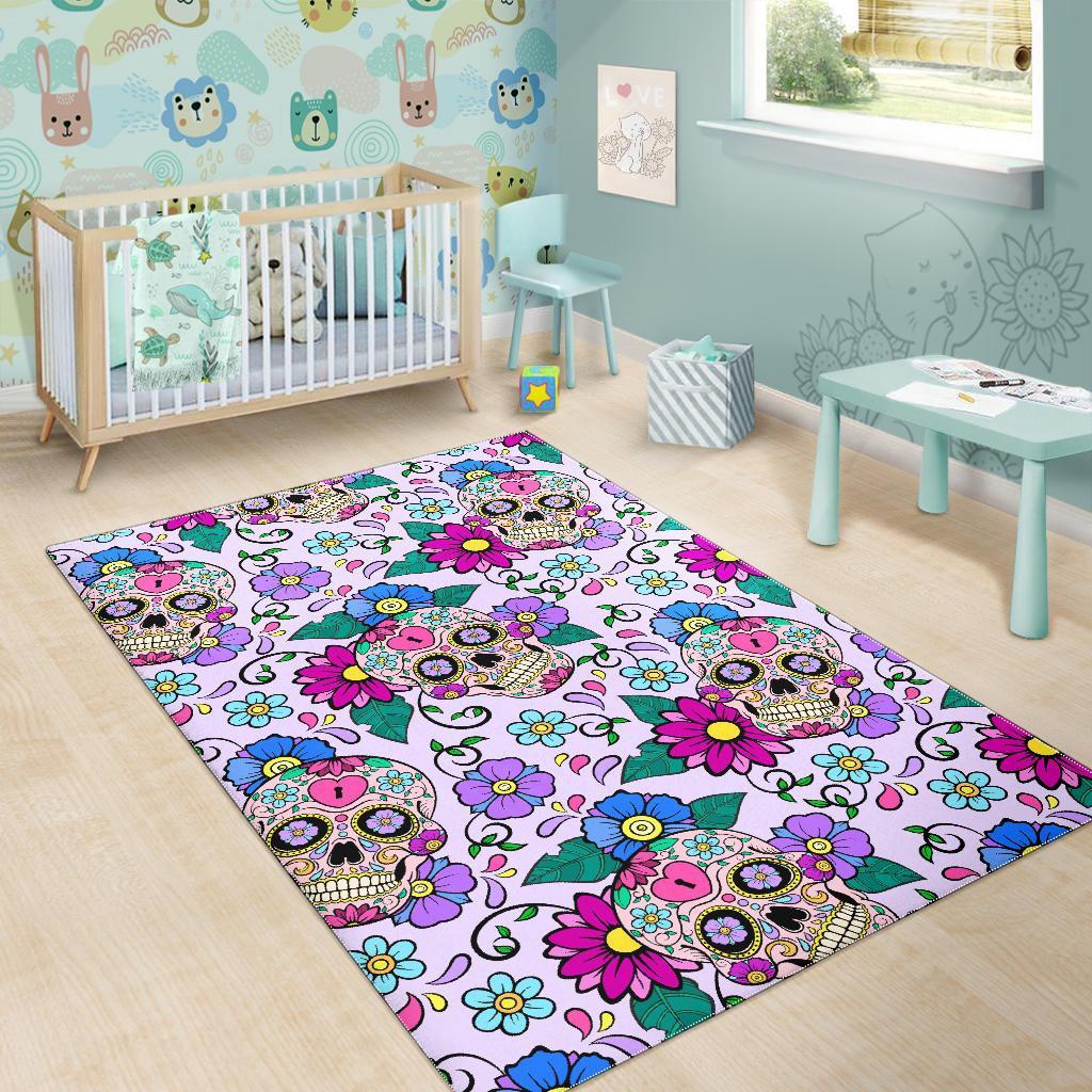 Sugar Skull Skeleton Girly Floral Pattern Print Floor Mat-grizzshop