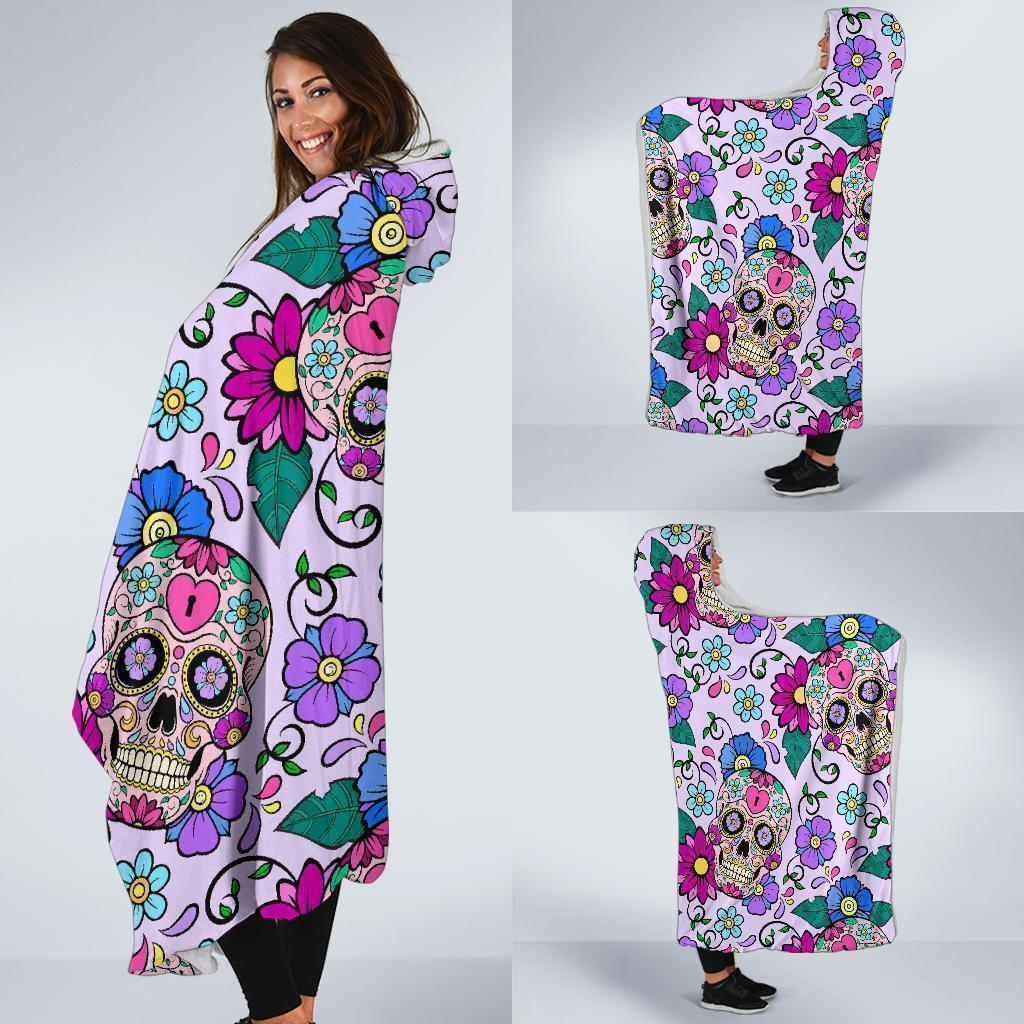 Sugar Skull Skeleton Girly Floral Pattern Print Hooded Blanket-grizzshop