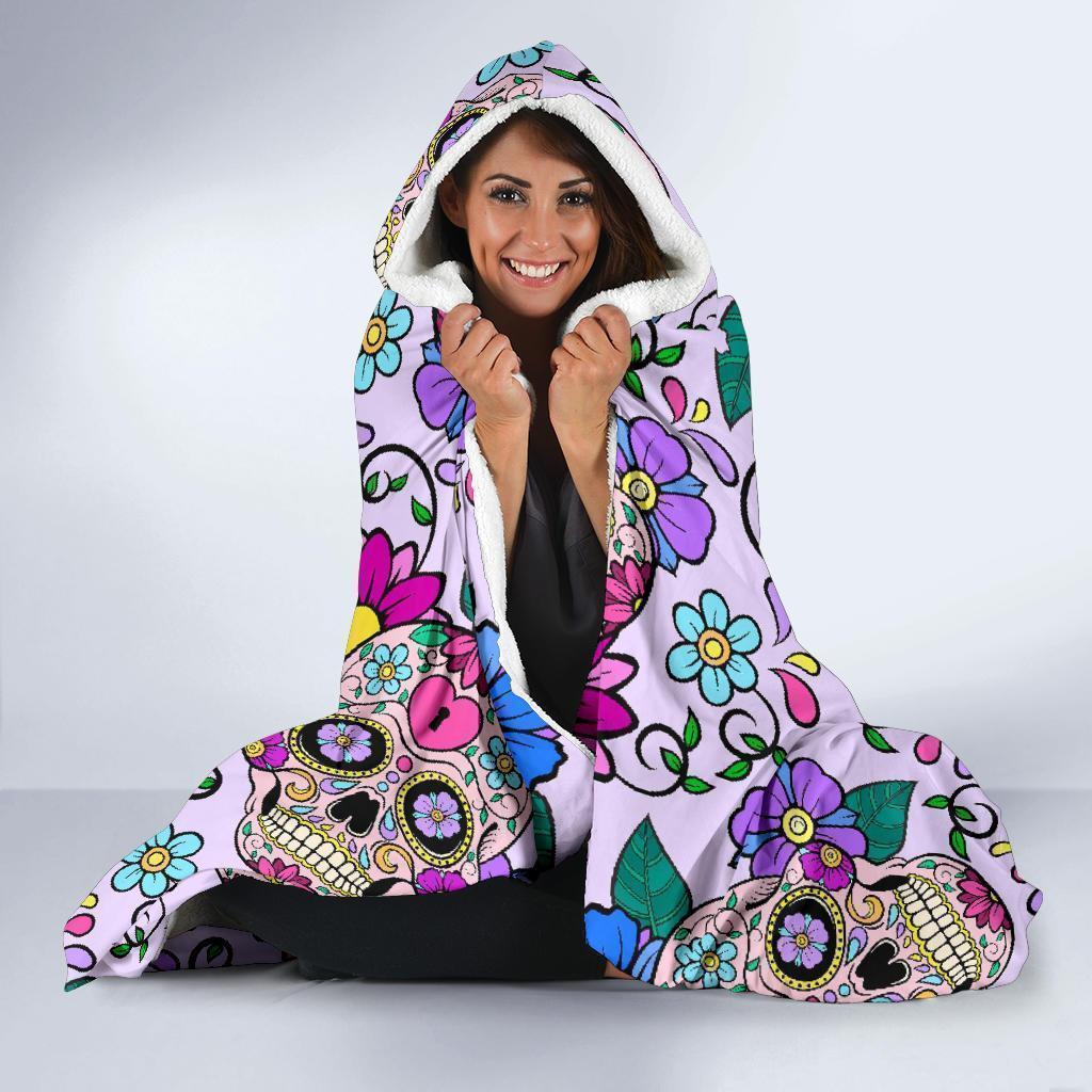 Sugar Skull Skeleton Girly Floral Pattern Print Hooded Blanket-grizzshop