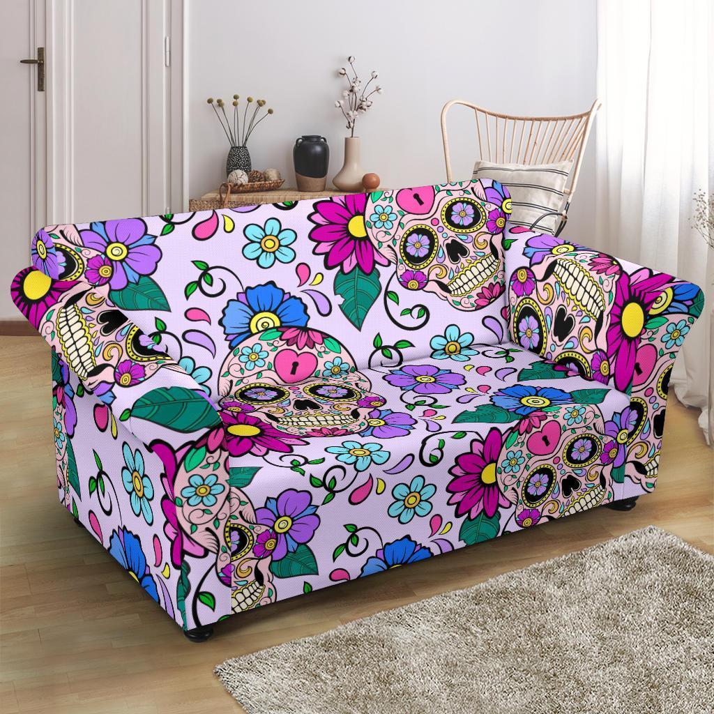 Sugar Skull Skeleton Girly Floral Pattern Print Loveseat Cover-grizzshop