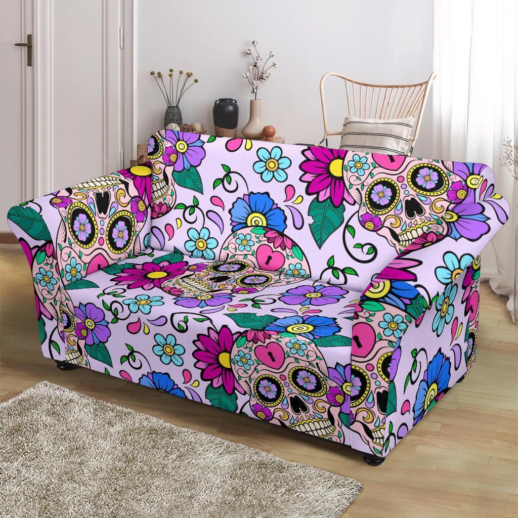 Sugar Skull Skeleton Girly Floral Pattern Print Loveseat Cover-grizzshop