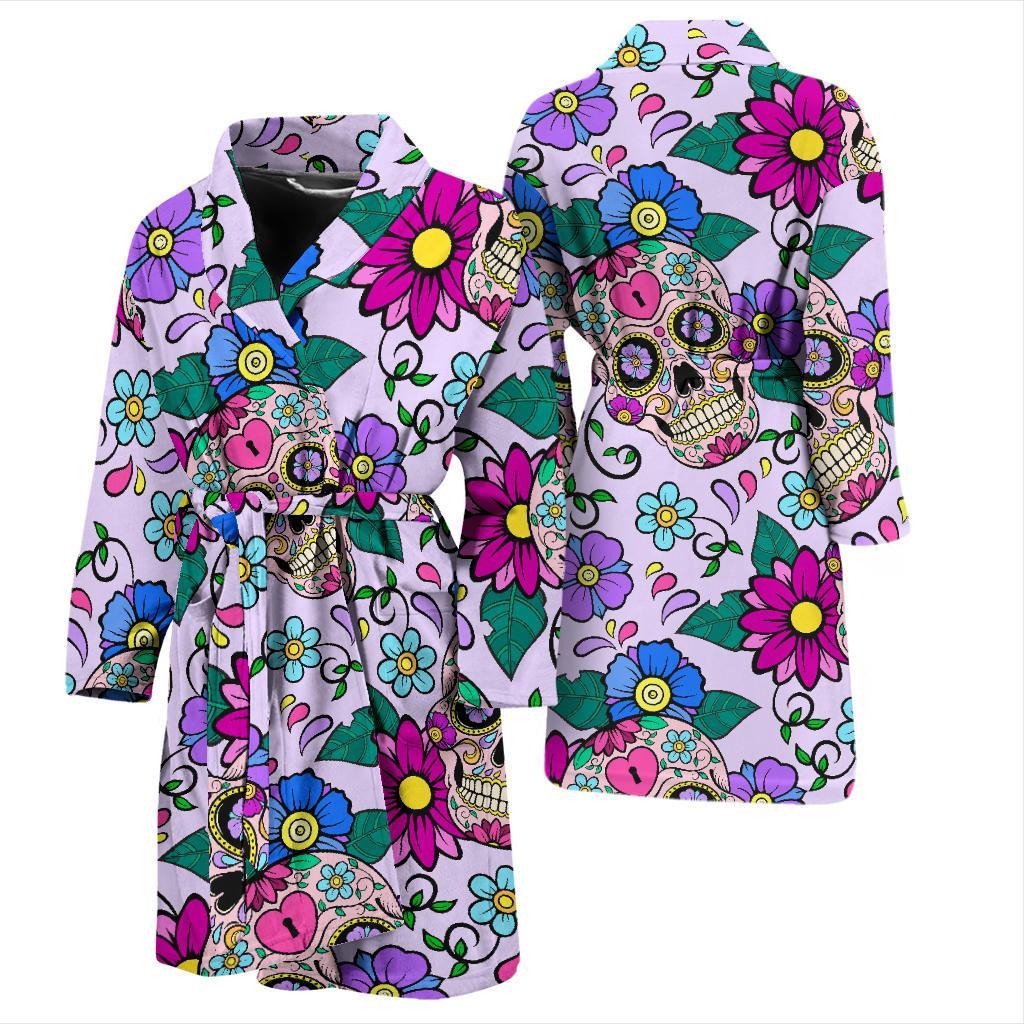 Sugar Skull Skeleton Girly Floral Pattern Print Men Long Robe-grizzshop