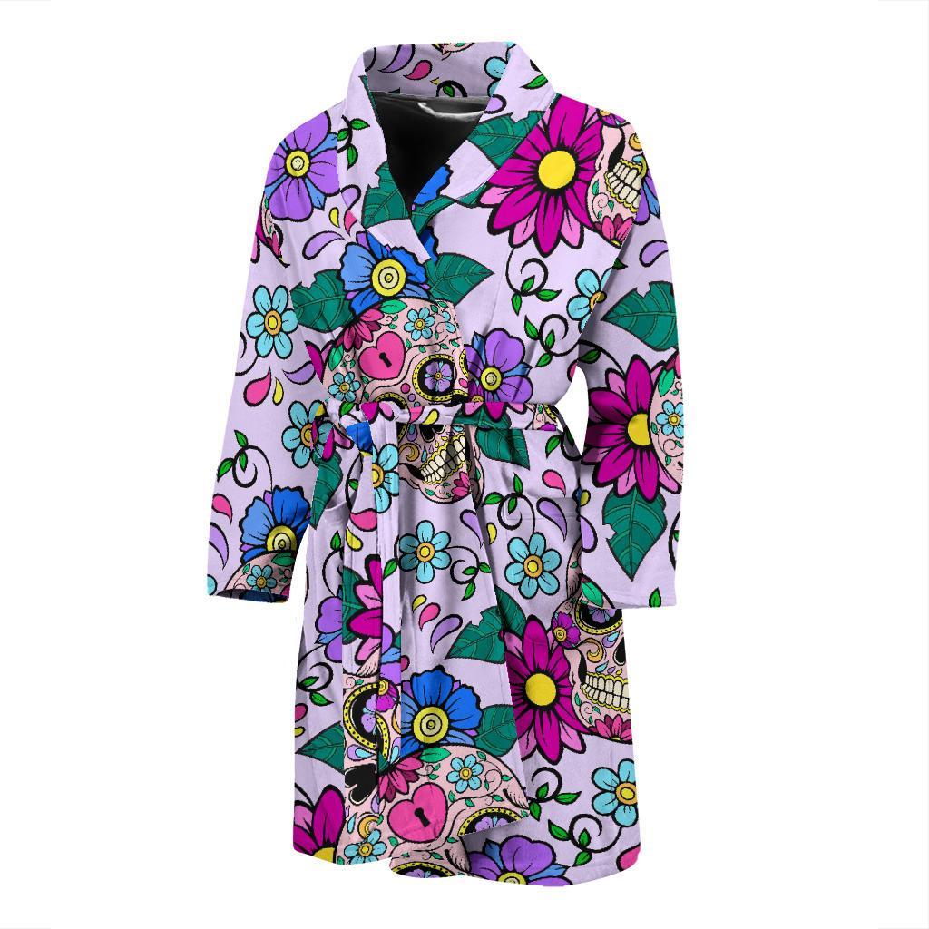 Sugar Skull Skeleton Girly Floral Pattern Print Men Long Robe-grizzshop