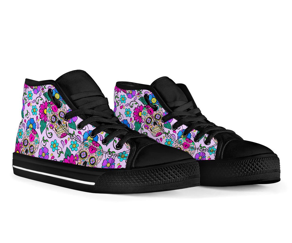 Sugar Skull Skeleton Girly Floral Pattern Print Men Women's High Top Shoes-grizzshop
