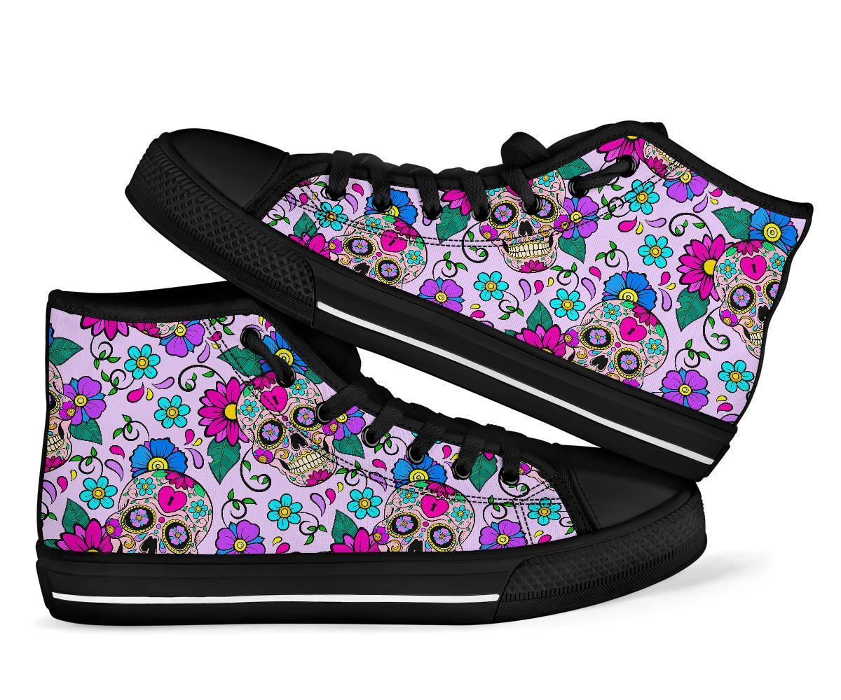 Sugar Skull Skeleton Girly Floral Pattern Print Men Women's High Top Shoes-grizzshop