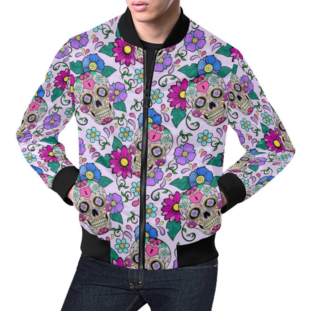 Sugar Skull Skeleton Girly Floral Pattern Print Men's Bomber Jacket-grizzshop