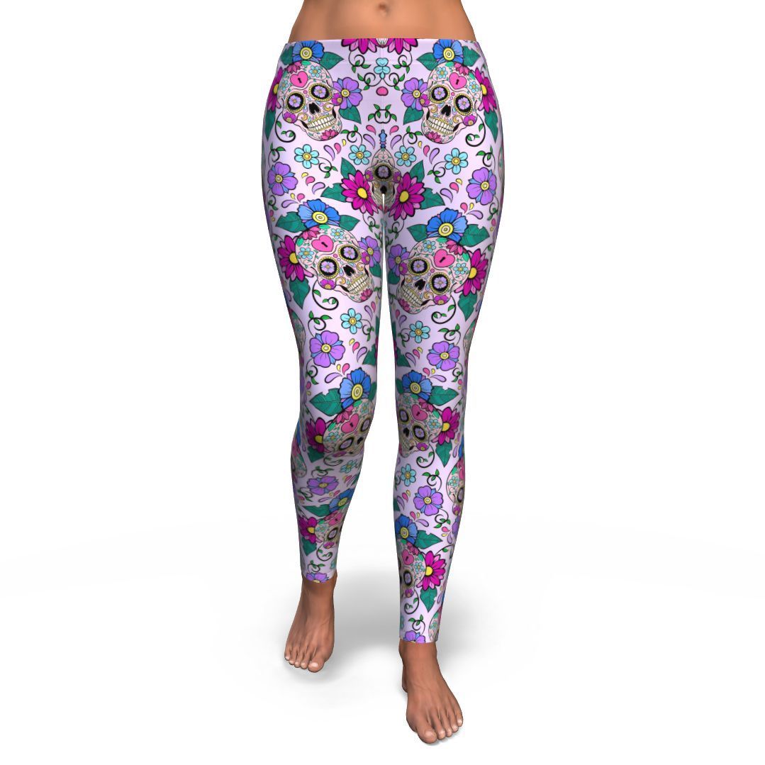 Sugar Skull Skeleton Girly Floral Pattern Print Pattern Women Leggings-grizzshop