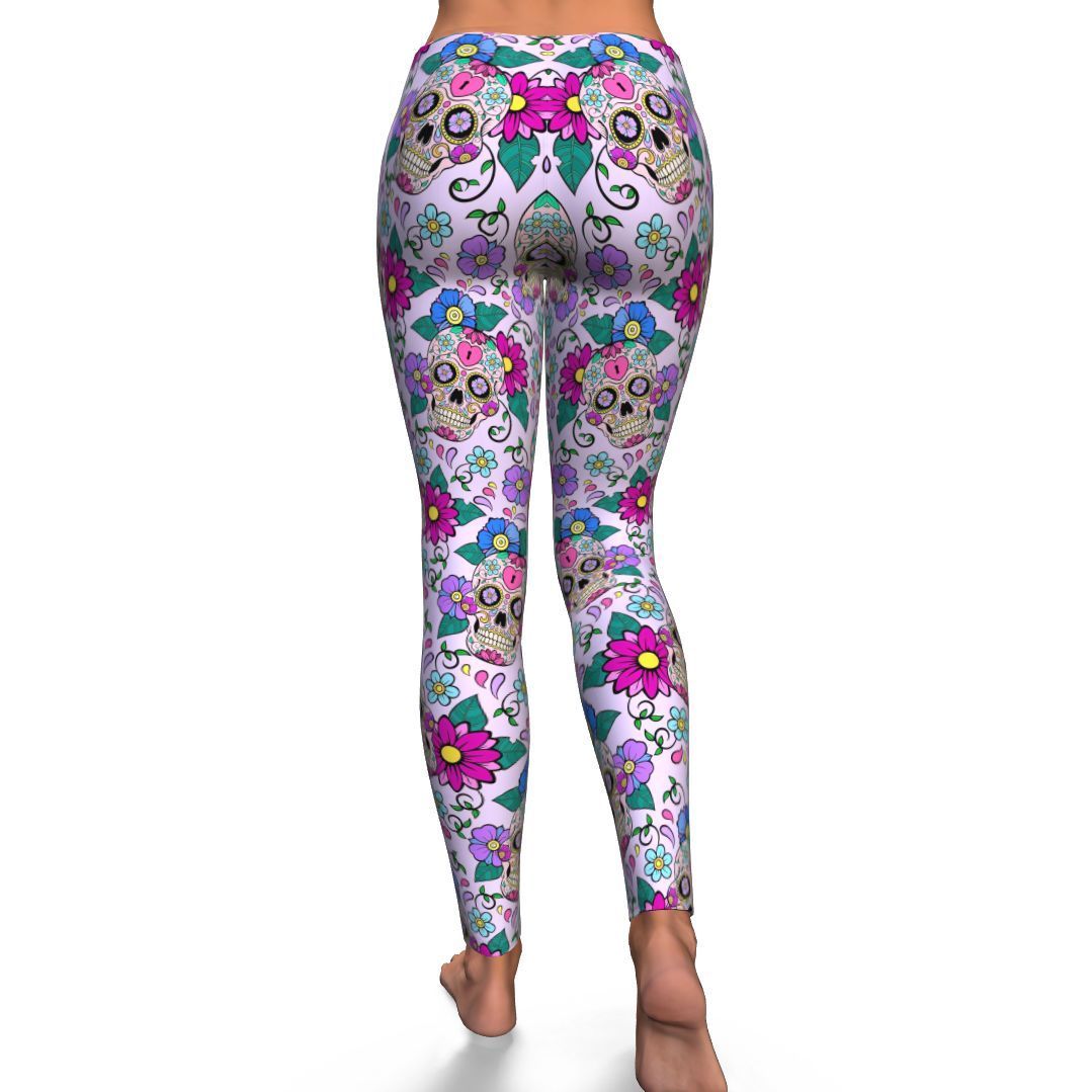 Sugar Skull Skeleton Girly Floral Pattern Print Pattern Women Leggings-grizzshop