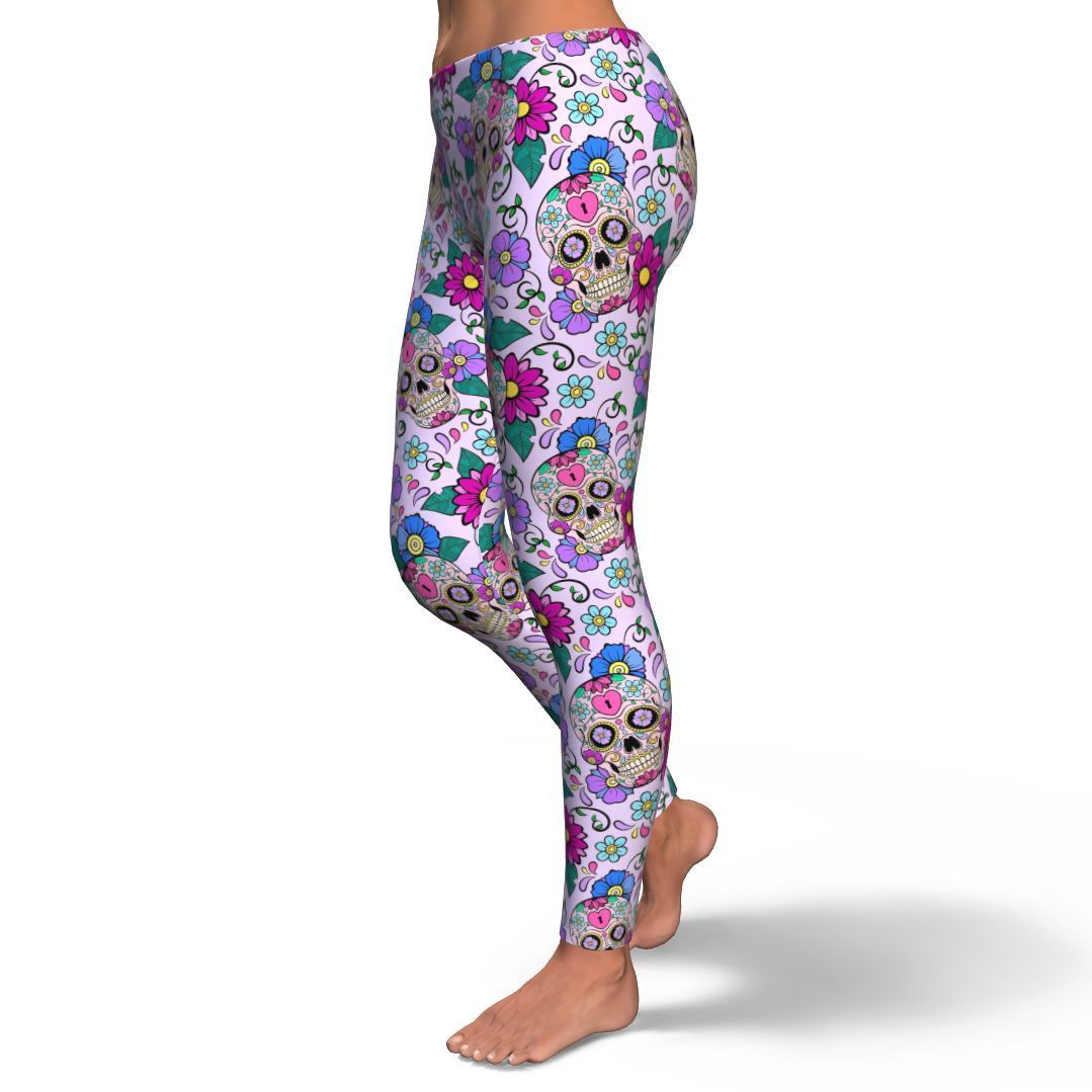 Sugar Skull Skeleton Girly Floral Pattern Print Pattern Women Leggings-grizzshop